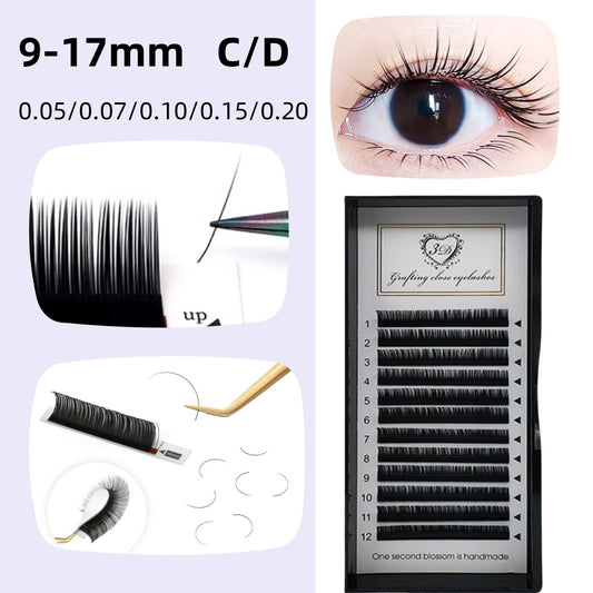 False eyelashes, curled, curved, CD shape, thickness 0.05, size 9-17 mm, black, for makeup, one-to-one, false eyelashes, high quality CD artificial mink lashes, for eyelash extensions, single false eyelashes, black,