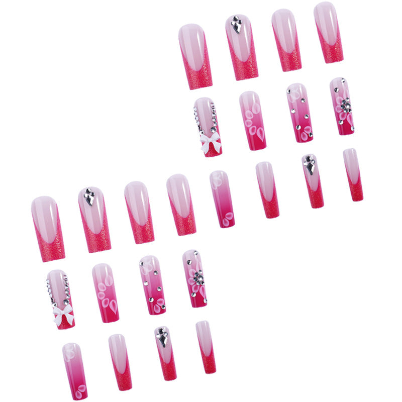 New wearable long water pipe nail piece French pink broken diamond bow wearable nail art nail piece