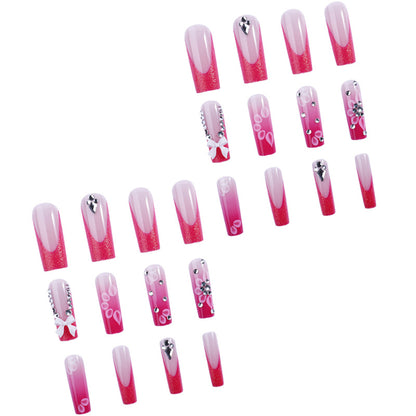 New wearable long water pipe nail piece French pink broken diamond bow wearable nail art nail piece