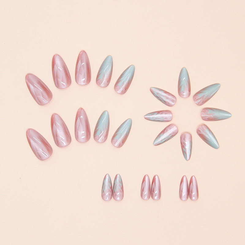 Wearing nail removable fake nail nail nail piece nail piece medium long almond nail gradual change cat eye nail piece 24 pieces