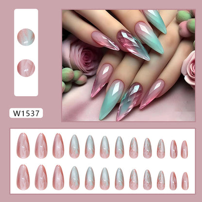 Wearing nail removable fake nail nail nail piece nail piece medium long almond nail gradual change cat eye nail piece 24 pieces