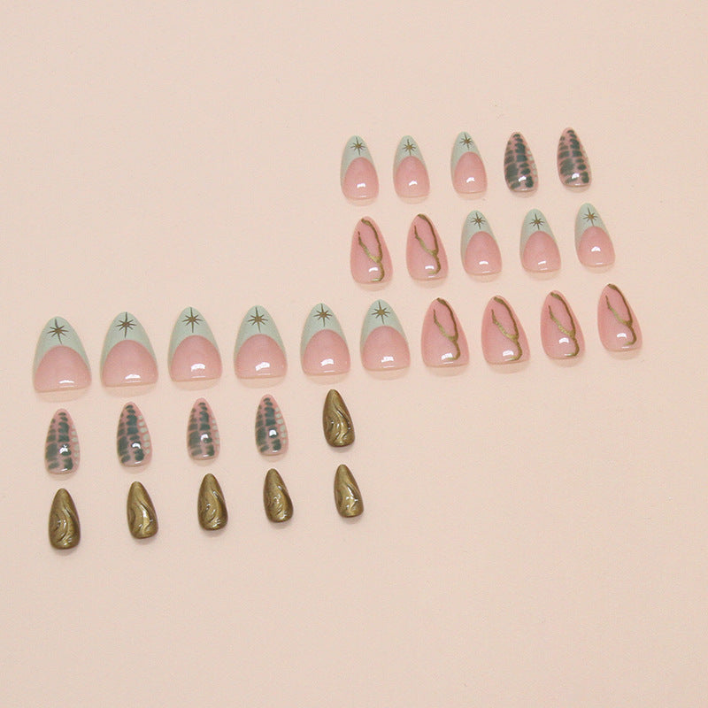 Foreign trade fake nail wearing nail French light green removable nail art piece Star simple line nail patch 30 pieces