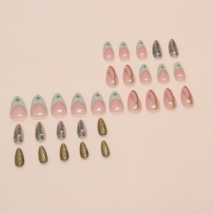 Foreign trade fake nail wearing nail French light green removable nail art piece Star simple line nail patch 30 pieces