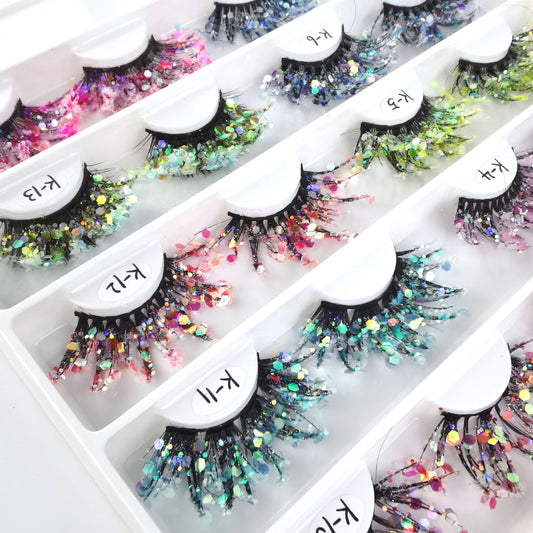 25Mm color luminous 3D false eyelashes natural makeup stage makeup glitter sequins diamond thick exaggerated European and American eyelashes