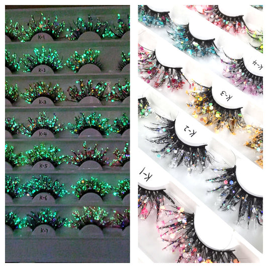 25Mm color luminous 3D false eyelashes natural makeup stage makeup glitter sequins diamond thick exaggerated European and American eyelashes