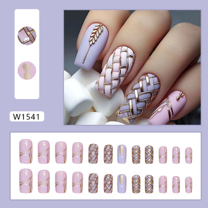 Wearing Nail Removable Nail Patch Nail Patch Square Medium and Long Wheat Ear Plaid Nail Patch 24 pieces