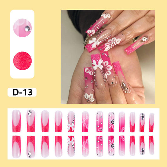 New wearable long water pipe nail piece French pink broken diamond bow wearable nail art nail piece