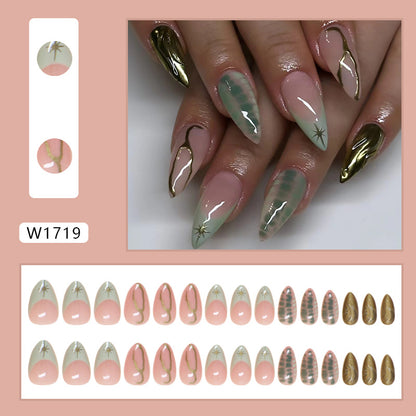 Foreign trade fake nail wearing nail French light green removable nail art piece Star simple line nail patch 30 pieces