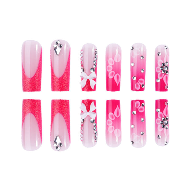 New wearable long water pipe nail piece French pink broken diamond bow wearable nail art nail piece