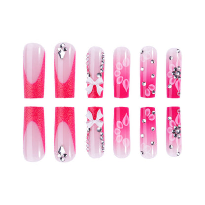 New wearable long water pipe nail piece French pink broken diamond bow wearable nail art nail piece