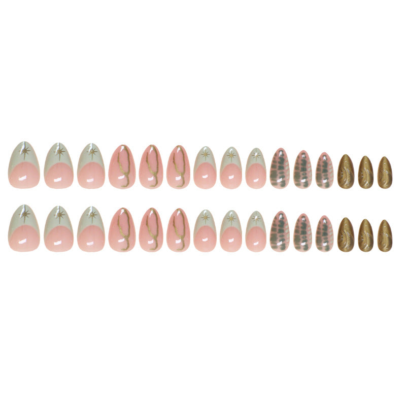 Foreign trade fake nail wearing nail French light green removable nail art piece Star simple line nail patch 30 pieces