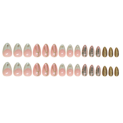 Foreign trade fake nail wearing nail French light green removable nail art piece Star simple line nail patch 30 pieces