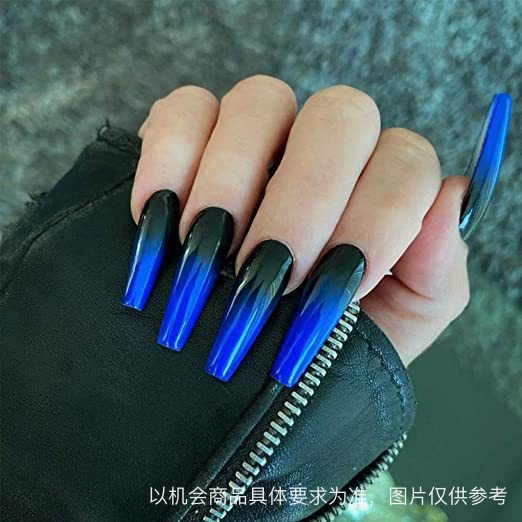 Black and blue gradual change long ballet wearing nail finished fake nail manicure patch nail patch waterproof removable nail piece