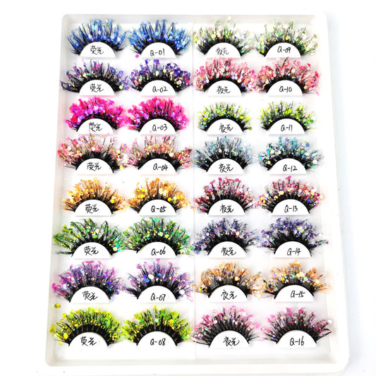 Color luminous 3D false eyelashes, natural nude makeup, stage makeup, glitter sequins, dense exaggerated European and American eyelashes