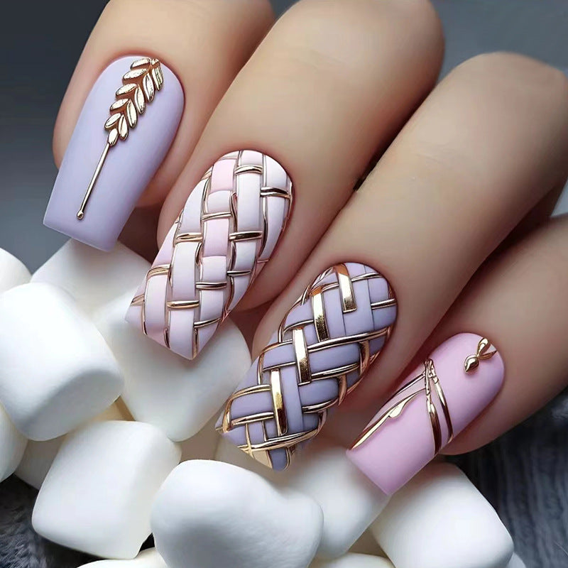 Wearing Nail Removable Nail Patch Nail Patch Square Medium and Long Wheat Ear Plaid Nail Patch 24 pieces