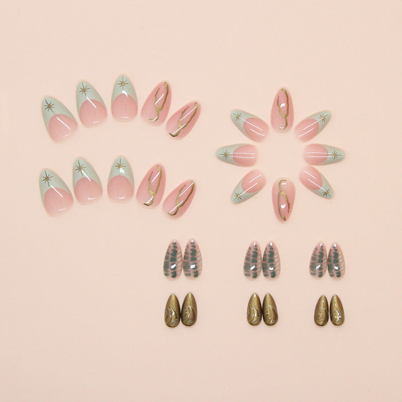 Foreign trade fake nail wearing nail French light green removable nail art piece Star simple line nail patch 30 pieces