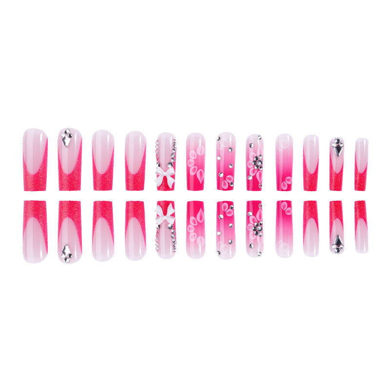 New wearable long water pipe nail piece French pink broken diamond bow wearable nail art nail piece