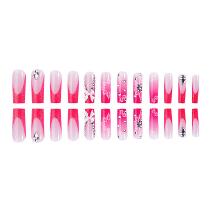 New wearable long water pipe nail piece French pink broken diamond bow wearable nail art nail piece