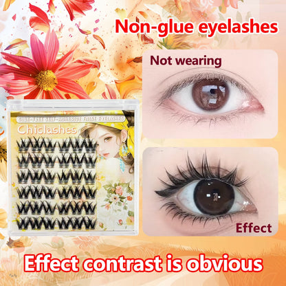 Mink velvet self-adhesive W thick large flower curl false eyelashes divided luxury curl messy Asian light Europe and America glue free curl small flower curl stick