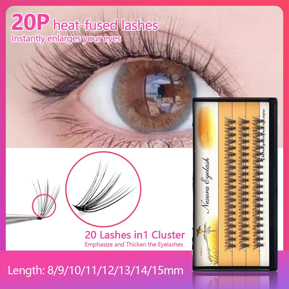 20D False Eyelashes, Thick Cluster False Eyelashes 20D 0.07 20 Strands, Dense, Natural, European, American Style