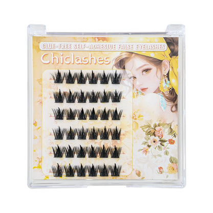 Mink velvet self-adhesive W thick large flower curl false eyelashes divided luxury curl messy Asian light Europe and America glue free curl small flower curl stick