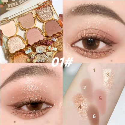 Xixi high-end bear work six-color eyeshadow Palette Pearlescent Matte milk tea earth tone black smoke makeup 2023 STAGE makeup