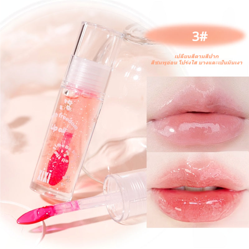 xixi watery flower language lip oil, color changing, fine shimmer, moist, light, non-sticky, clear lip glaze, mirror lip glaze