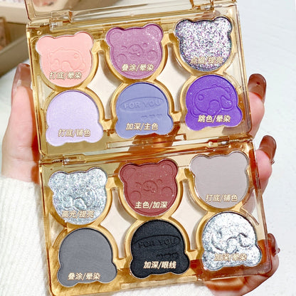 Xixi high-end bear work six-color eyeshadow Palette Pearlescent Matte milk tea earth tone black smoke makeup 2023 STAGE makeup