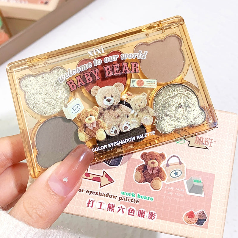 Xixi high-end bear work six-color eyeshadow Palette Pearlescent Matte milk tea earth tone black smoke makeup 2023 STAGE makeup